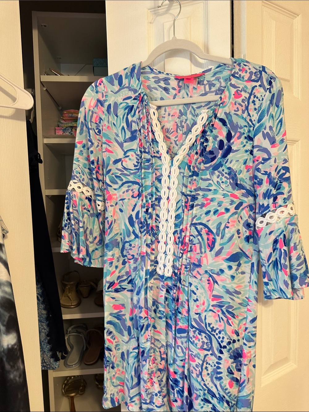 Lilly Pulitzer Light Blue Floral V-Neck Tunic dress with White Lace